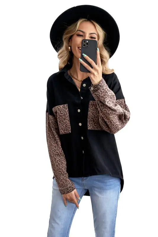 White contrast leopard denim jacket - outerwear