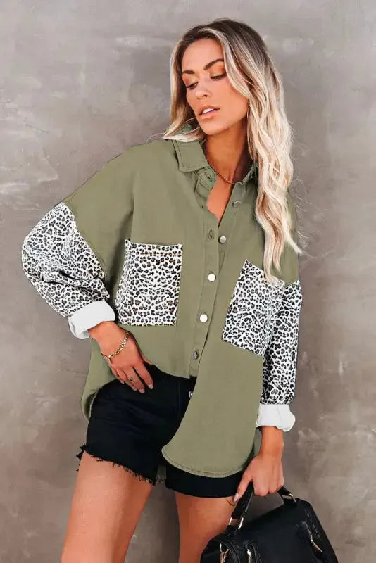 White Contrast Leopard Denim Jacket - Fashionfitz