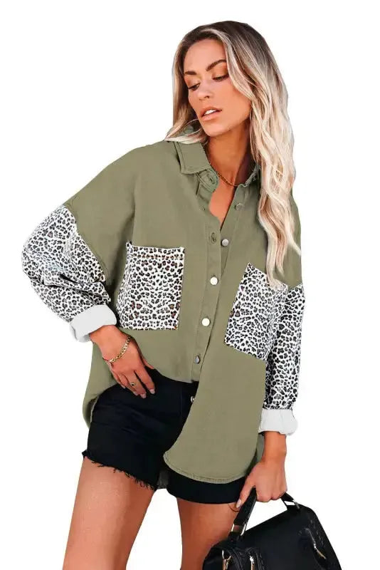 White Contrast Leopard Denim Jacket - Fashionfitz