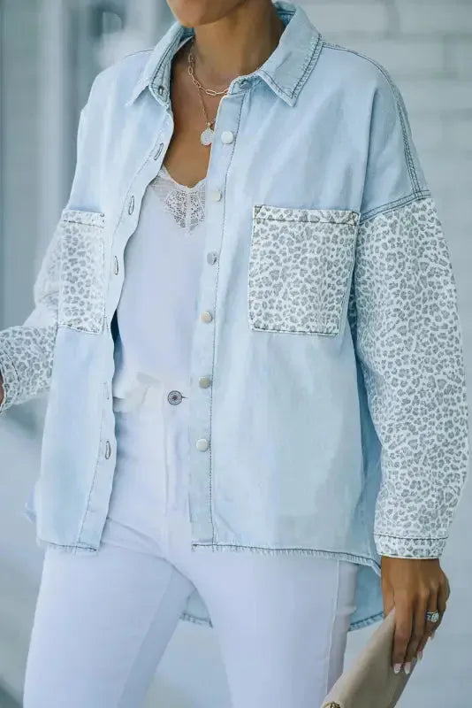 White Contrast Leopard Denim Jacket - Fashionfitz