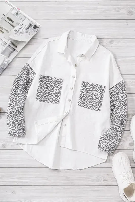 White Contrast Leopard Denim Jacket - Fashionfitz