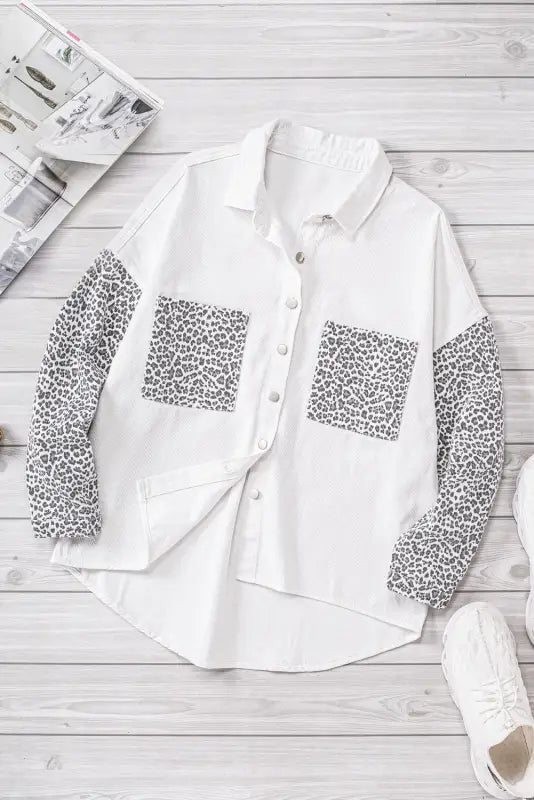 White contrast leopard denim jacket - outerwear