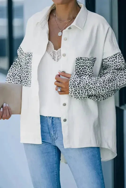 White Contrast Leopard Denim Jacket - Fashionfitz