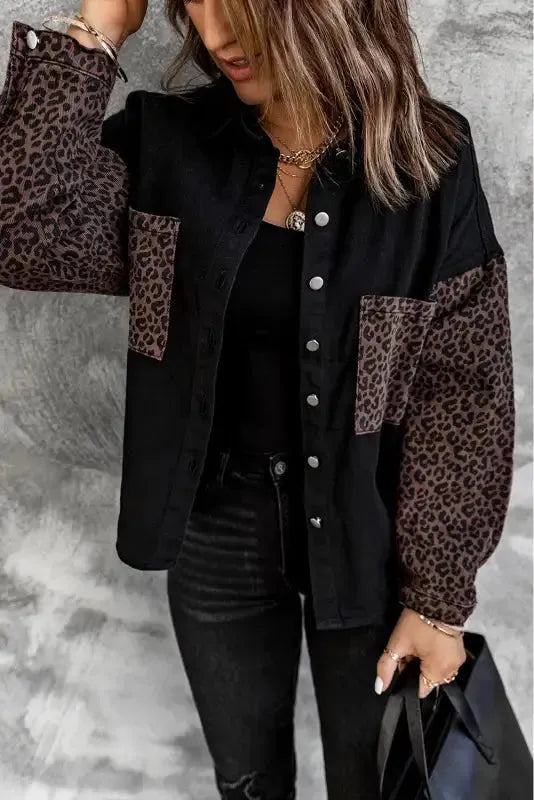 White Contrast Leopard Denim Jacket - Fashionfitz