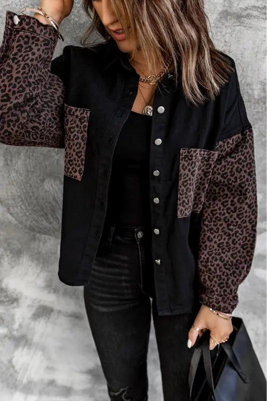 White contrast leopard denim jacket - outerwear