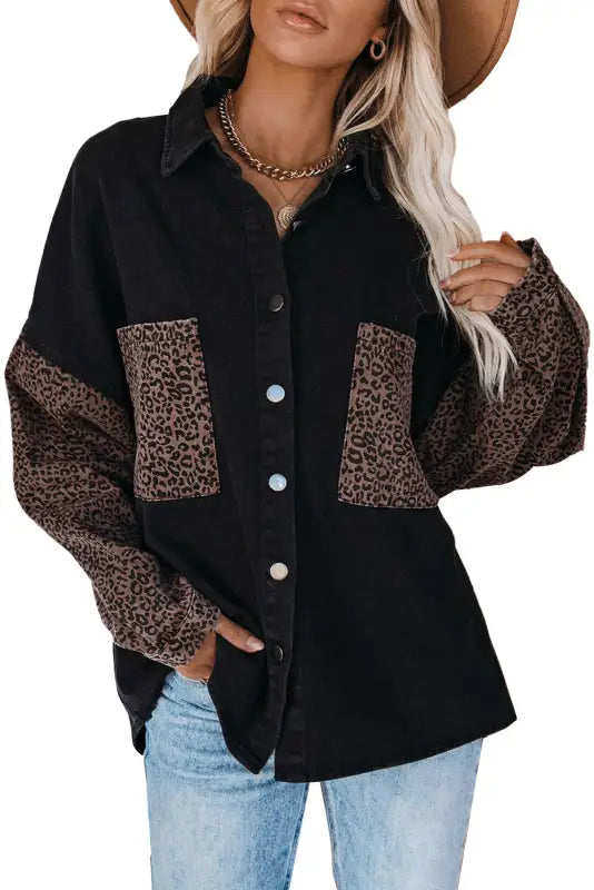 White contrast leopard denim jacket - outerwear