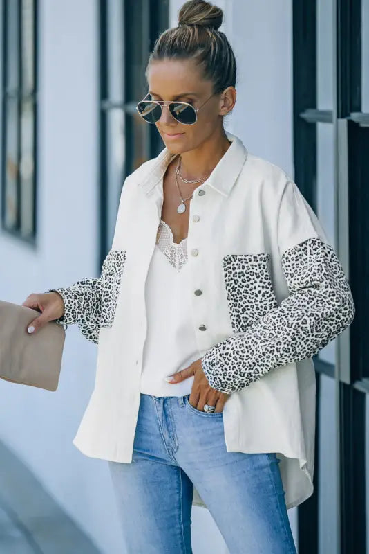 White contrast leopard denim jacket - outerwear