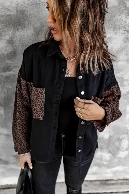 White contrast leopard denim jacket - outerwear