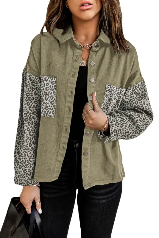 White contrast leopard denim jacket - outerwear