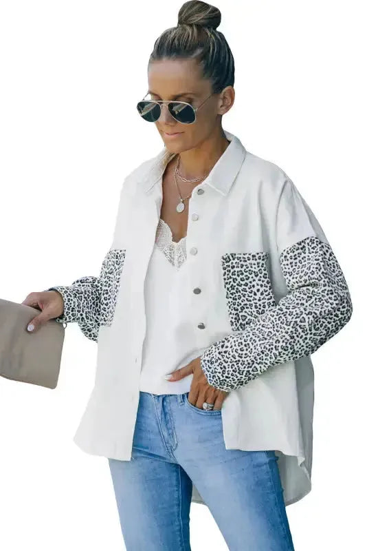 White Contrast Leopard Denim Jacket - Fashionfitz