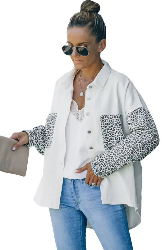 White contrast leopard denim jacket - outerwear