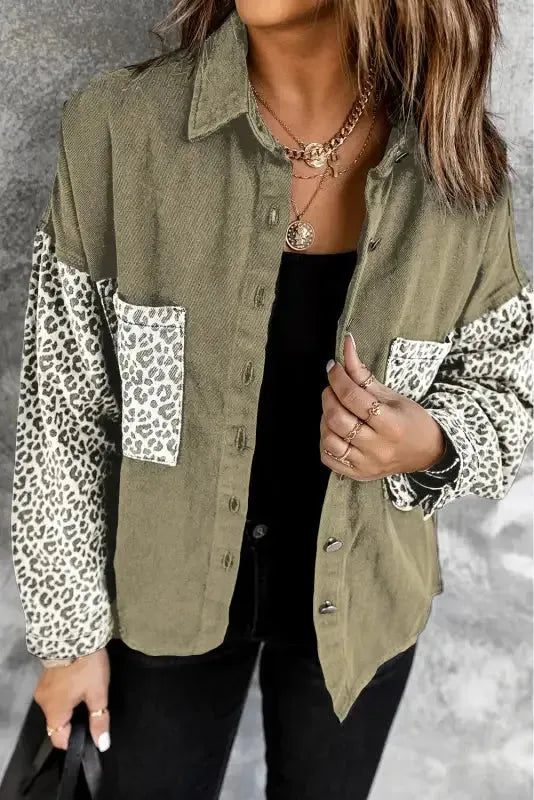 White Contrast Leopard Denim Jacket - Fashionfitz
