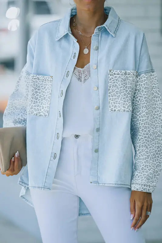 White contrast leopard denim jacket - outerwear