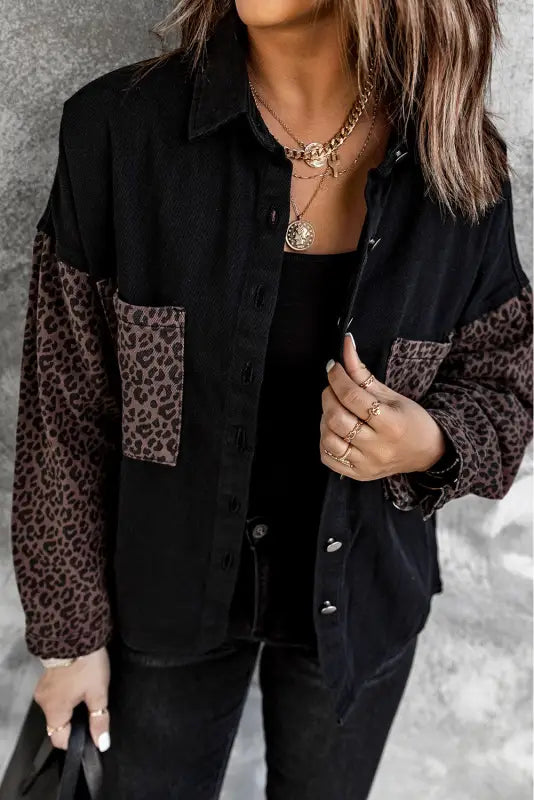 White contrast leopard denim jacket - outerwear