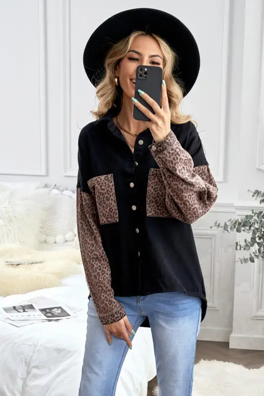 White contrast leopard denim jacket - outerwear