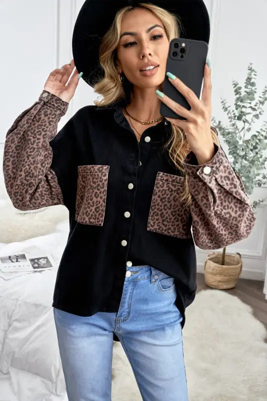 White contrast leopard denim jacket - outerwear