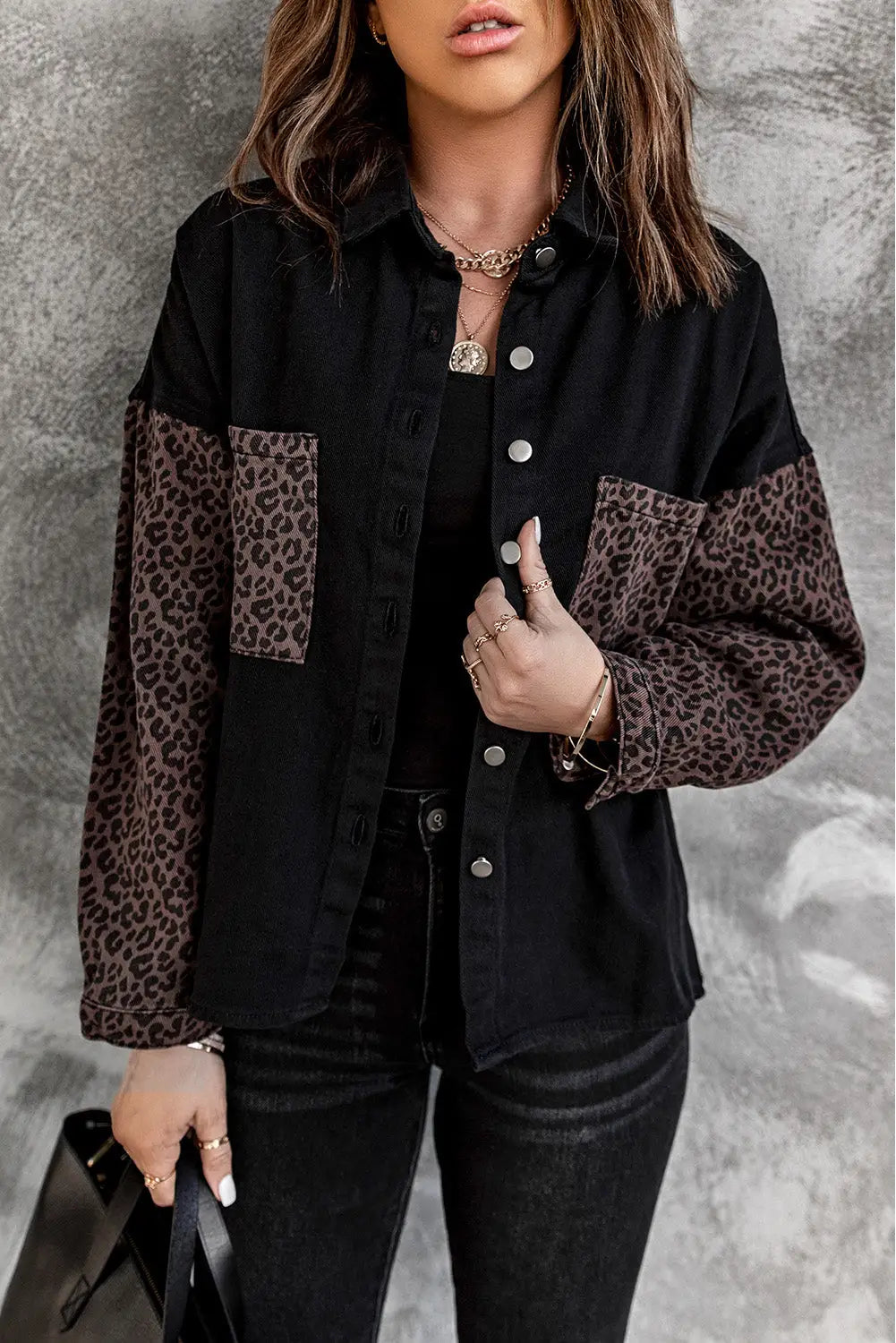 White contrast leopard denim jacket - black / s / 83% cotton + 17% polyester - outerwear