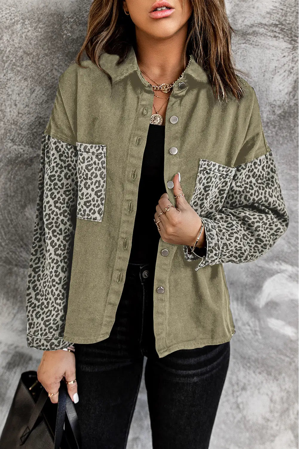 White contrast leopard denim jacket - khaki / s / 83% cotton + 17% polyester - outerwear