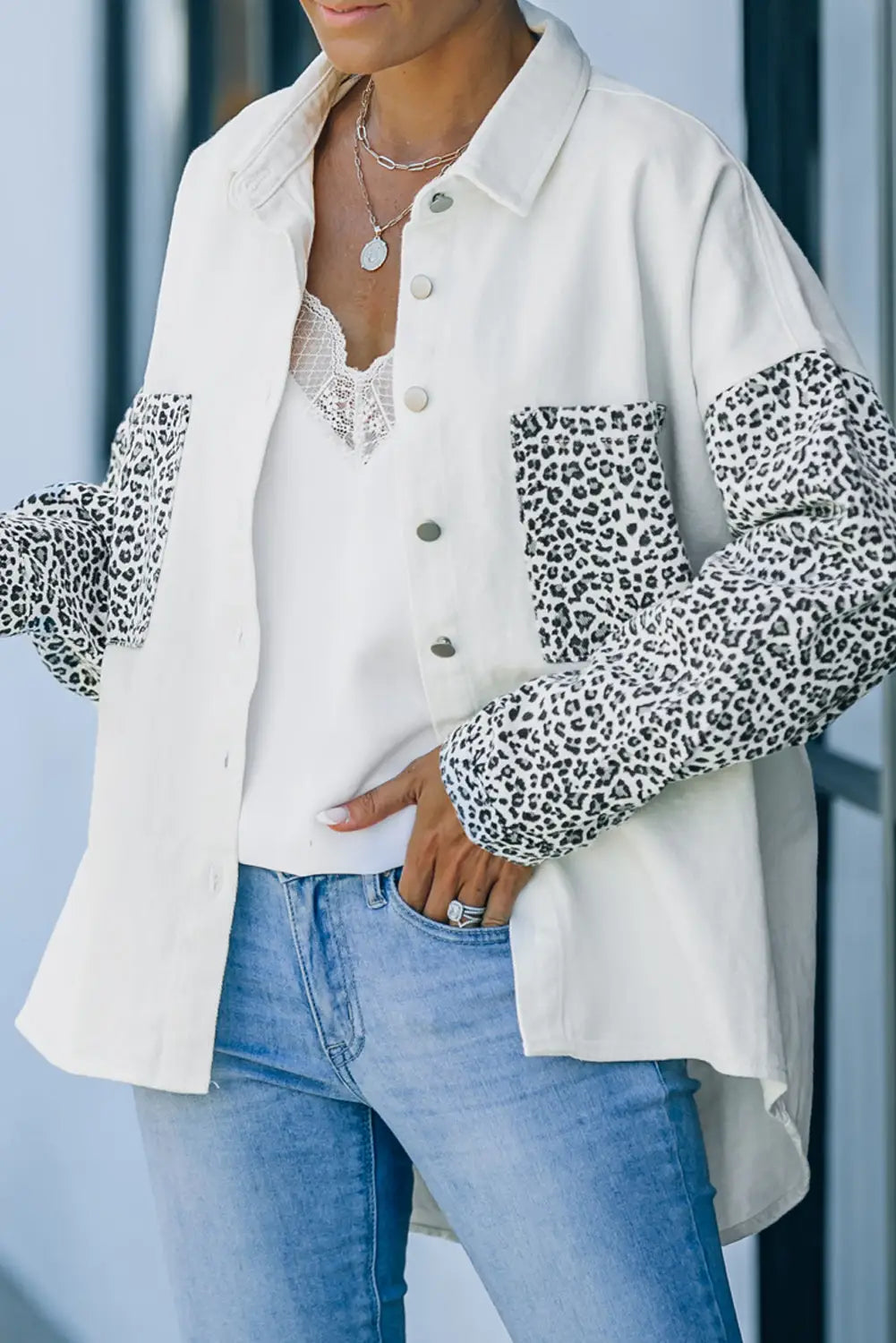 White contrast leopard denim jacket - s / 83% cotton + 17% polyester - outerwear