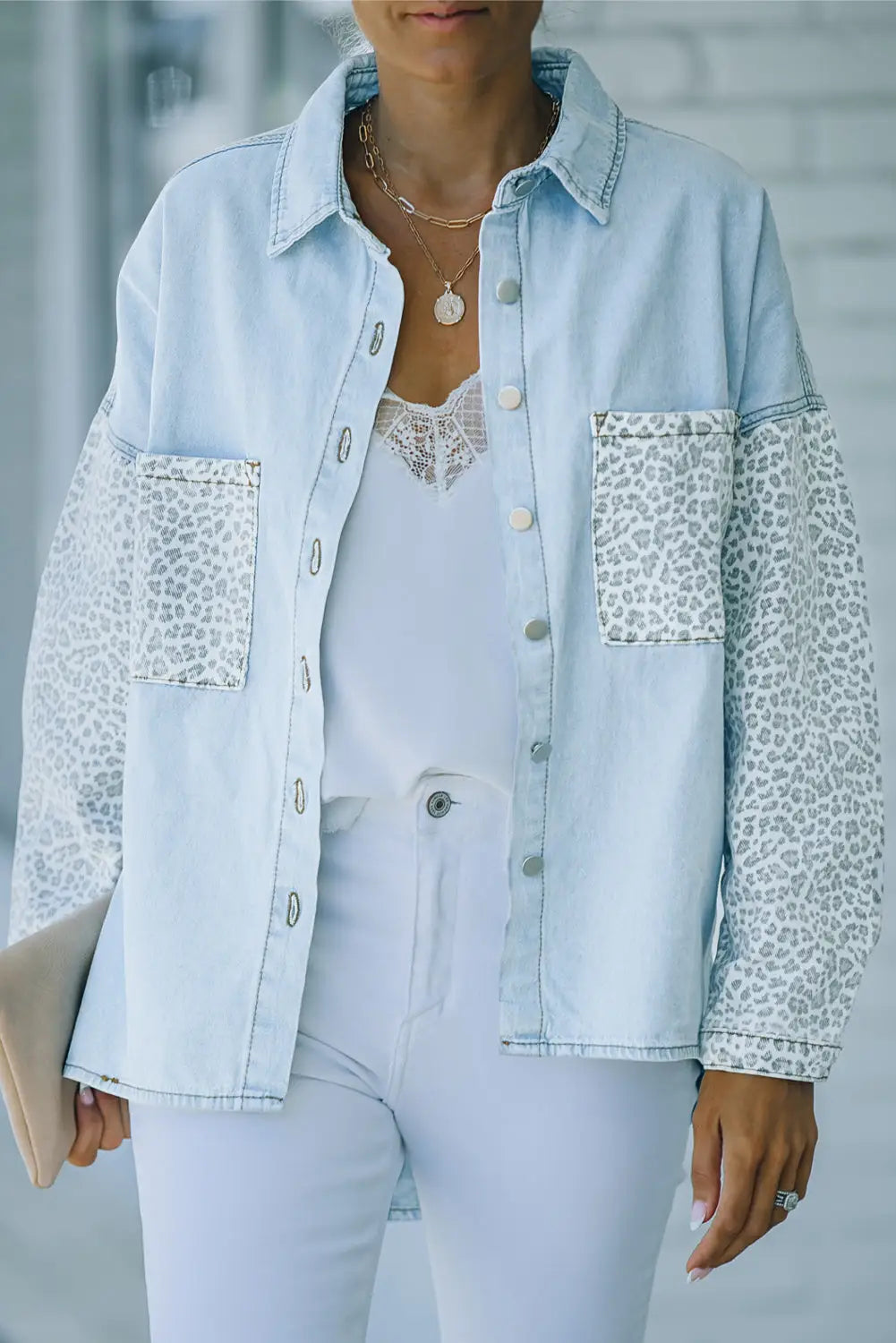 White contrast leopard denim jacket - sky blue / s / 83% cotton + 17% polyester - outerwear