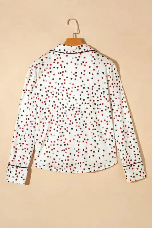White Contrast Pipping Star Long Sleeve and Pants Pajamas Set - Fashionfitz