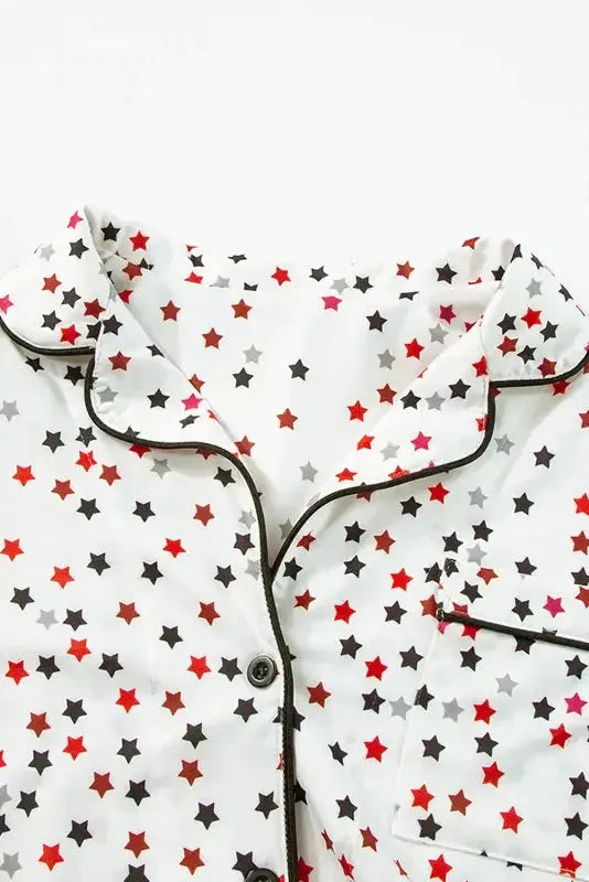 White Contrast Pipping Star Long Sleeve and Pants Pajamas Set - Fashionfitz