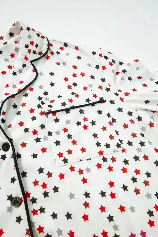 White Contrast Pipping Star Long Sleeve and Pants Pajamas Set - Fashionfitz