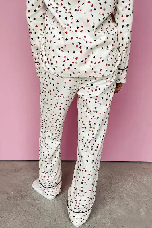 White Contrast Pipping Star Long Sleeve and Pants Pajamas Set - Fashionfitz