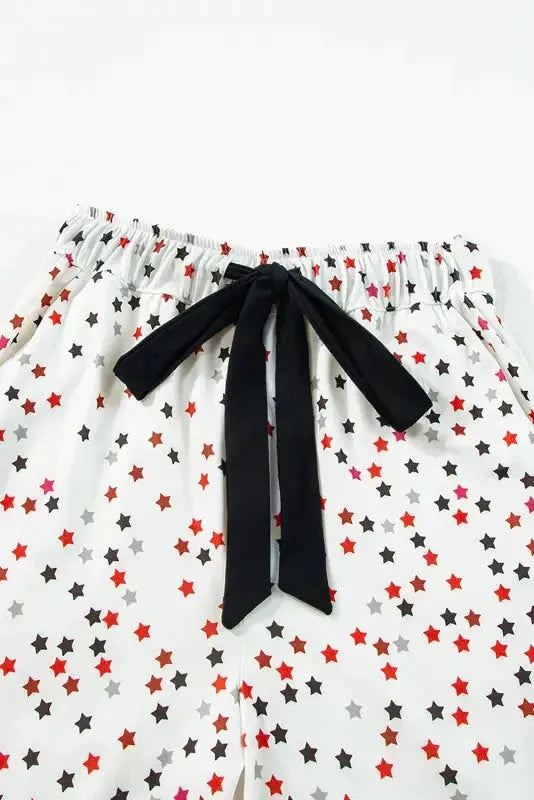 White Contrast Pipping Star Long Sleeve and Pants Pajamas Set - Fashionfitz