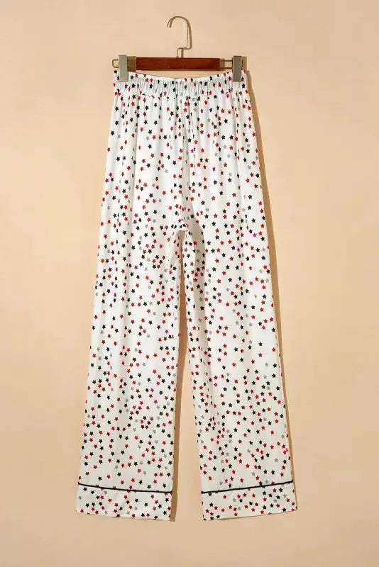 White Contrast Pipping Star Long Sleeve and Pants Pajamas Set - Fashionfitz