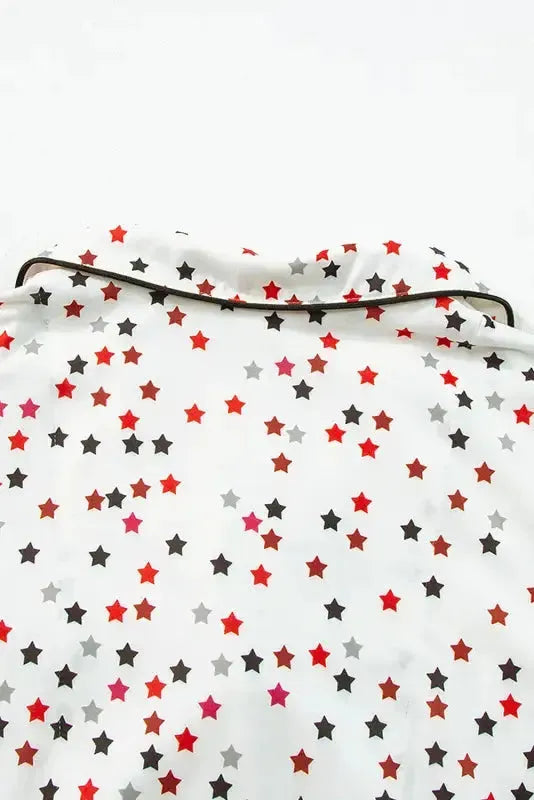 White Contrast Pipping Star Long Sleeve and Pants Pajamas Set - Fashionfitz