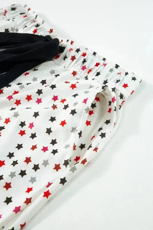 White Contrast Pipping Star Long Sleeve and Pants Pajamas Set - Fashionfitz