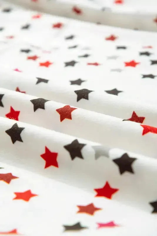 White Contrast Pipping Star Long Sleeve and Pants Pajamas Set - Fashionfitz