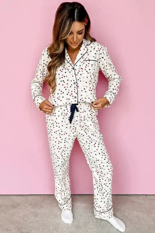 White Contrast Pipping Star Long Sleeve and Pants Pajamas Set - Fashionfitz