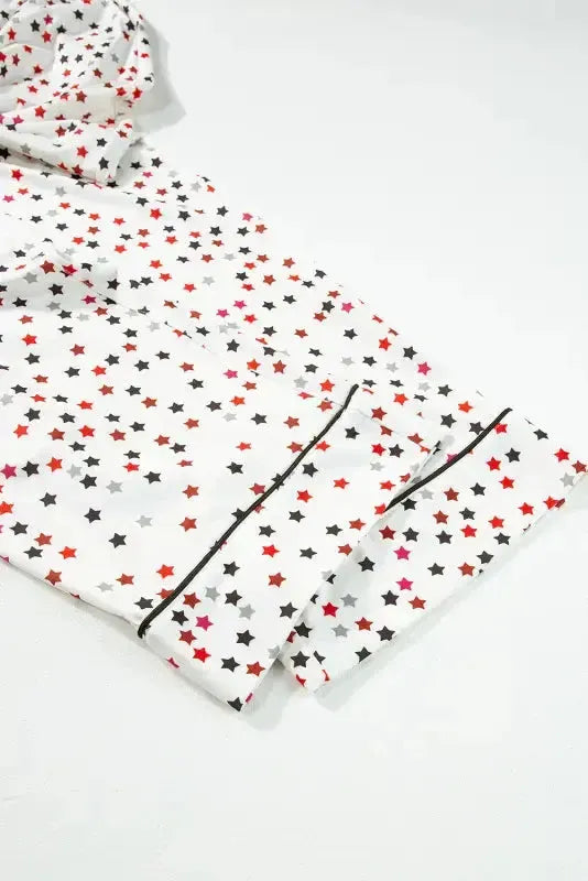 White Contrast Pipping Star Long Sleeve and Pants Pajamas Set - Fashionfitz