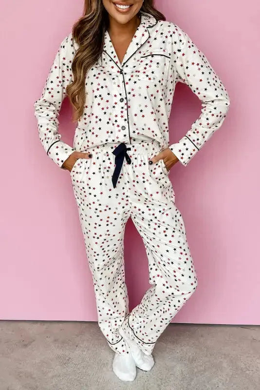 White Contrast Pipping Star Long Sleeve and Pants Pajamas Set - Fashionfitz