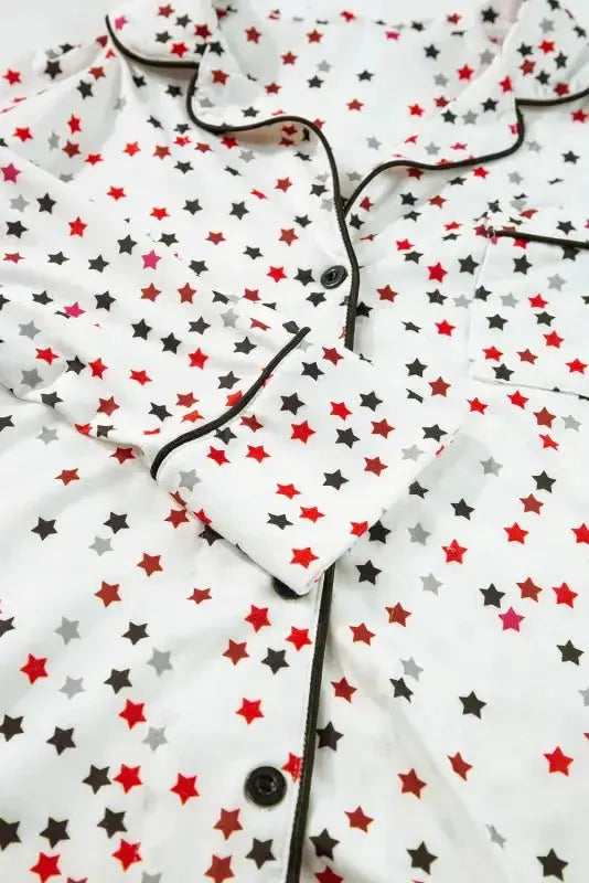 White Contrast Pipping Star Long Sleeve and Pants Pajamas Set - Fashionfitz