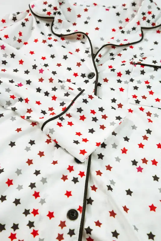 White contrast pipping star long sleeve and pants pajamas set - pajama sets