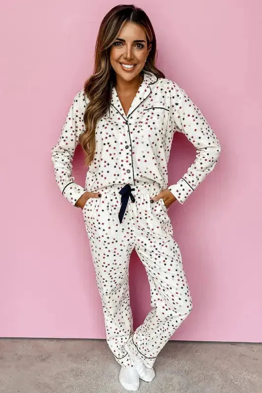 White Contrast Pipping Star Long Sleeve and Pants Pajamas Set - Fashionfitz