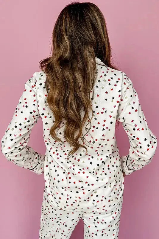 White Contrast Pipping Star Long Sleeve and Pants Pajamas Set - Fashionfitz