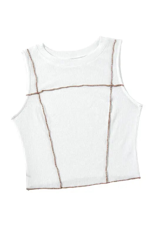 White contrast seams ribbed tank top - tops