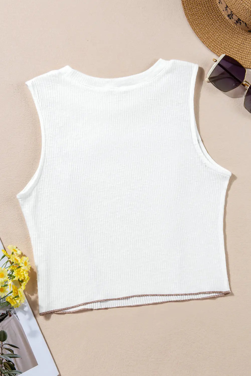 White contrast seams ribbed tank top - tops