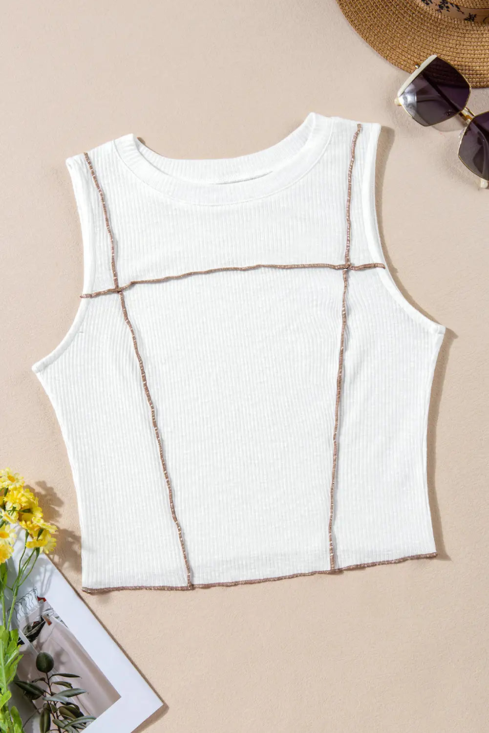 White contrast seams ribbed tank top - tops