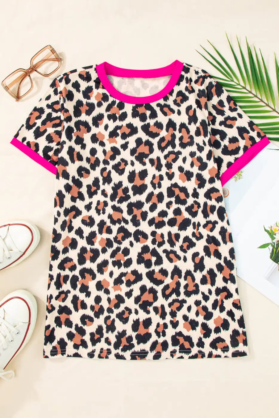 White contrast trim leopard print t shirt - t-shirts