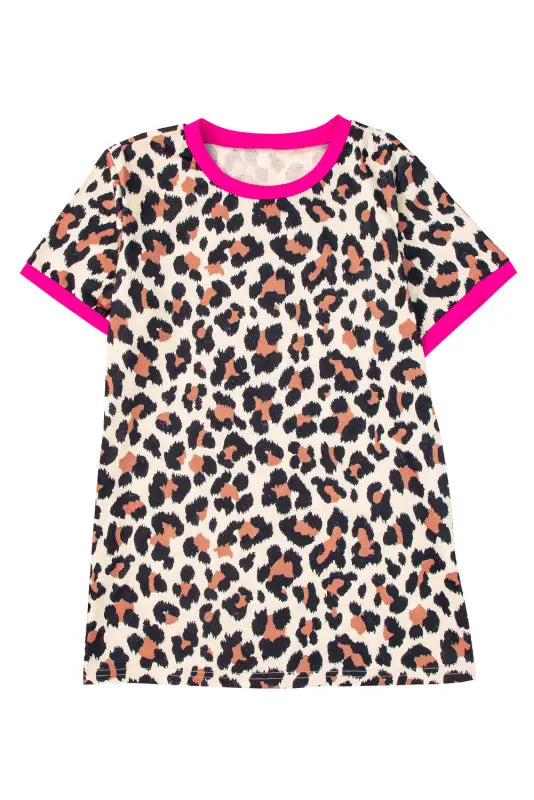 White contrast trim leopard print t shirt - t-shirts