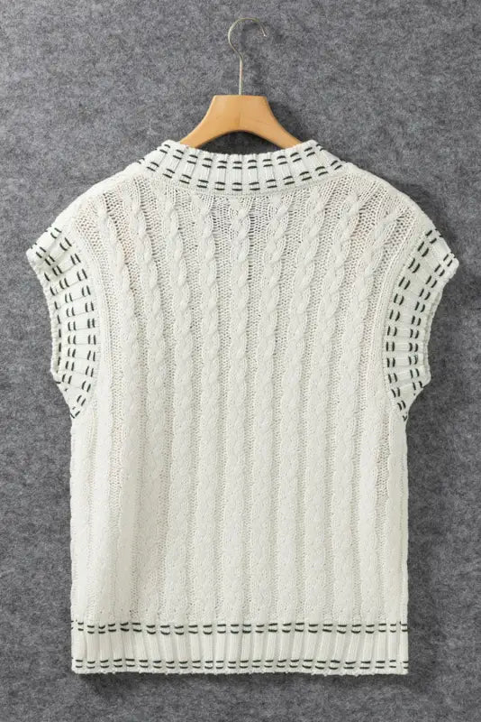 White contrast trim v neck cable knit sweater vest - tops