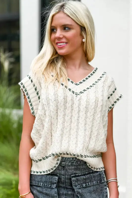 White contrast trim v neck cable knit sweater vest - tops