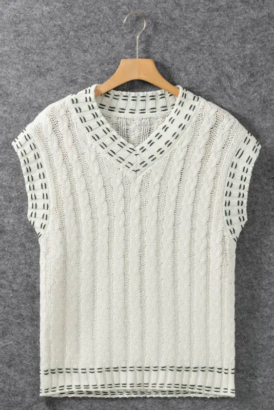 White contrast trim v neck cable knit sweater vest - tops