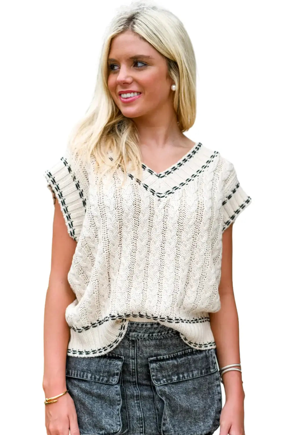 White contrast trim v neck cable knit sweater vest - sweaters & cardigans