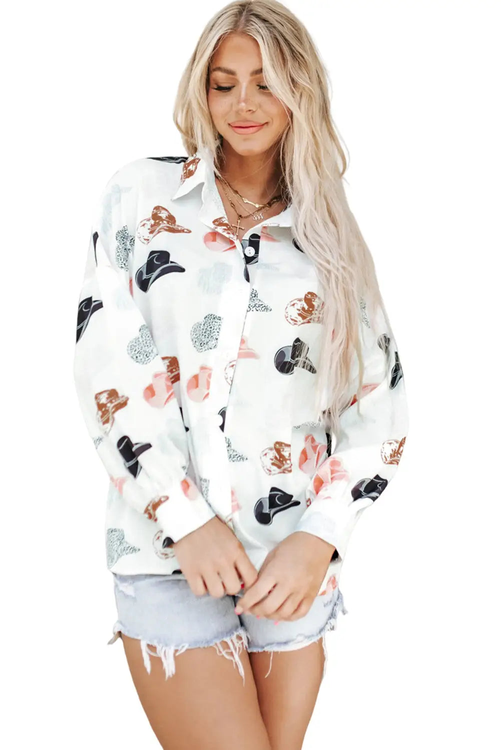 White cow boy hats puff sleeve button up shirt - tops